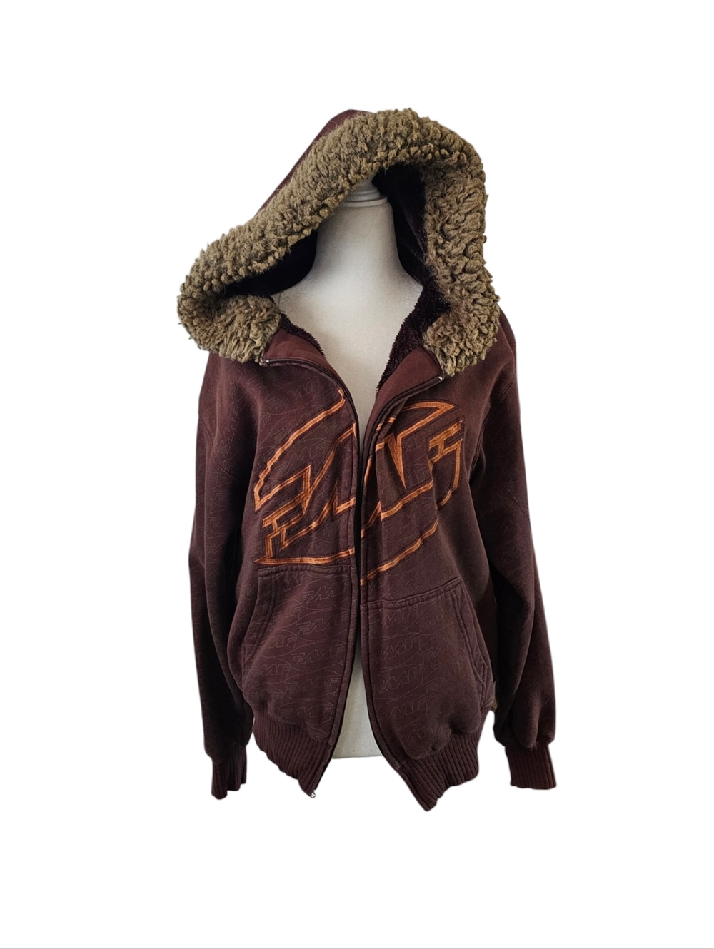 FMF Vintage y2k Brown Faux Fur Hood Jacket Sweater Small READ FLAW